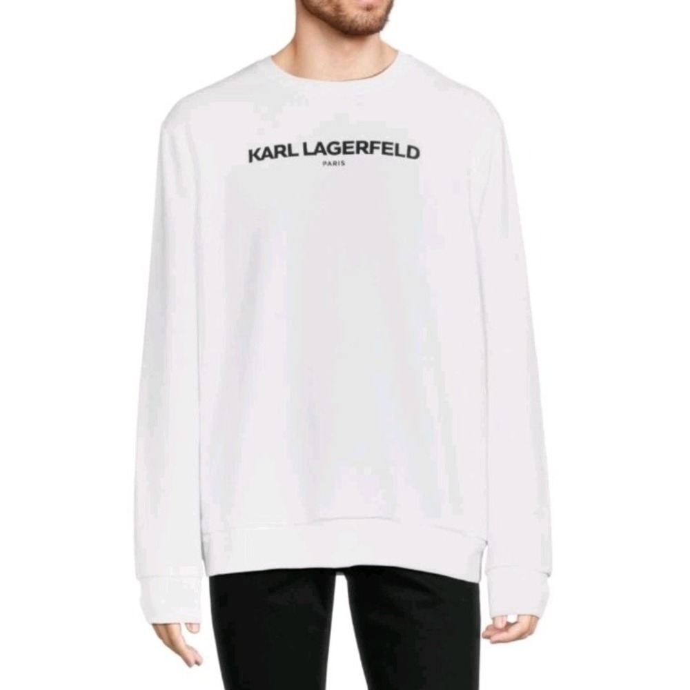 KARL LAGERFELD Paris Mens Sz L Long Sleeve Logo Sweatshirt White Pullover Lounge